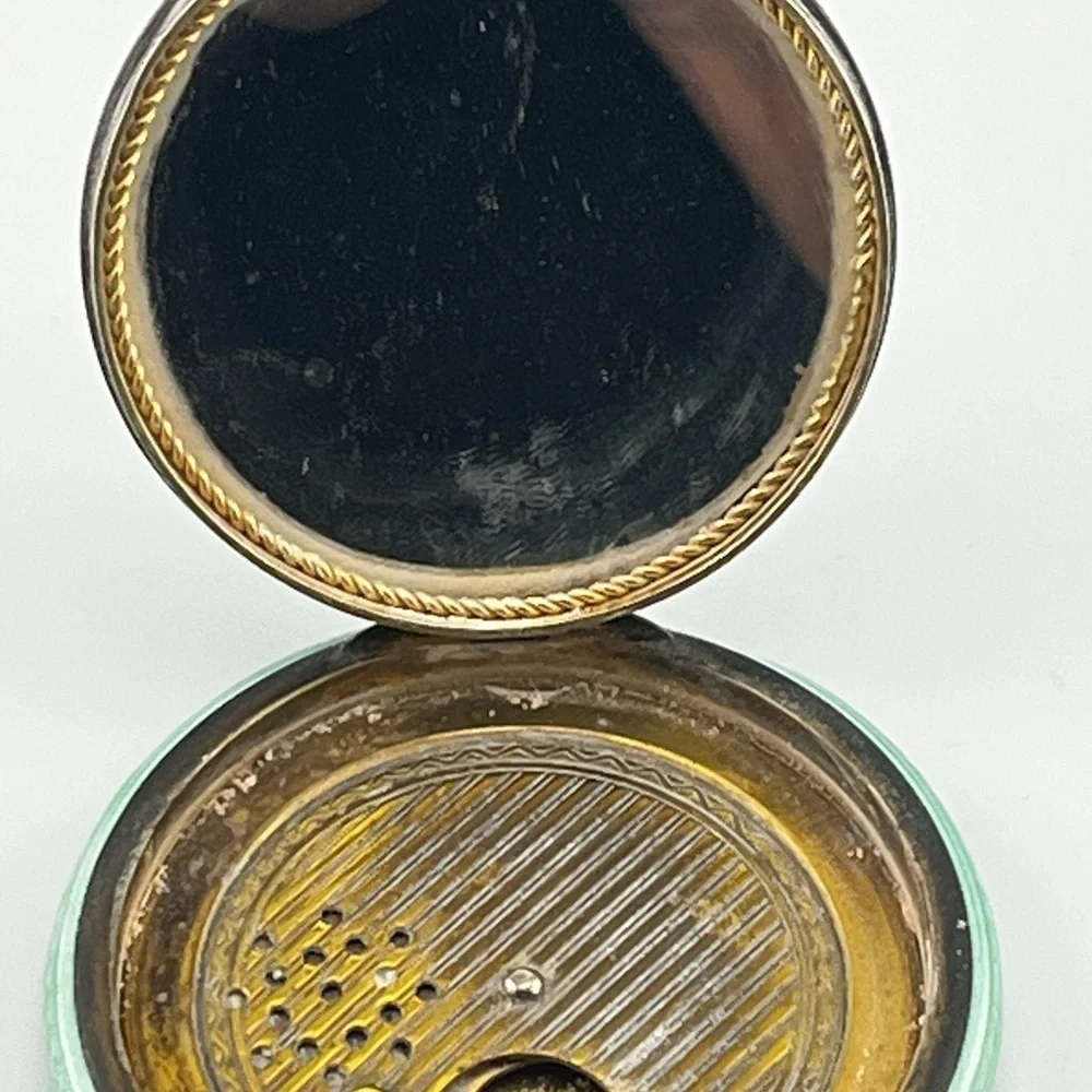 Vintage German Sterling Silver Guilloche Enamel Powder Compact Green Mirror